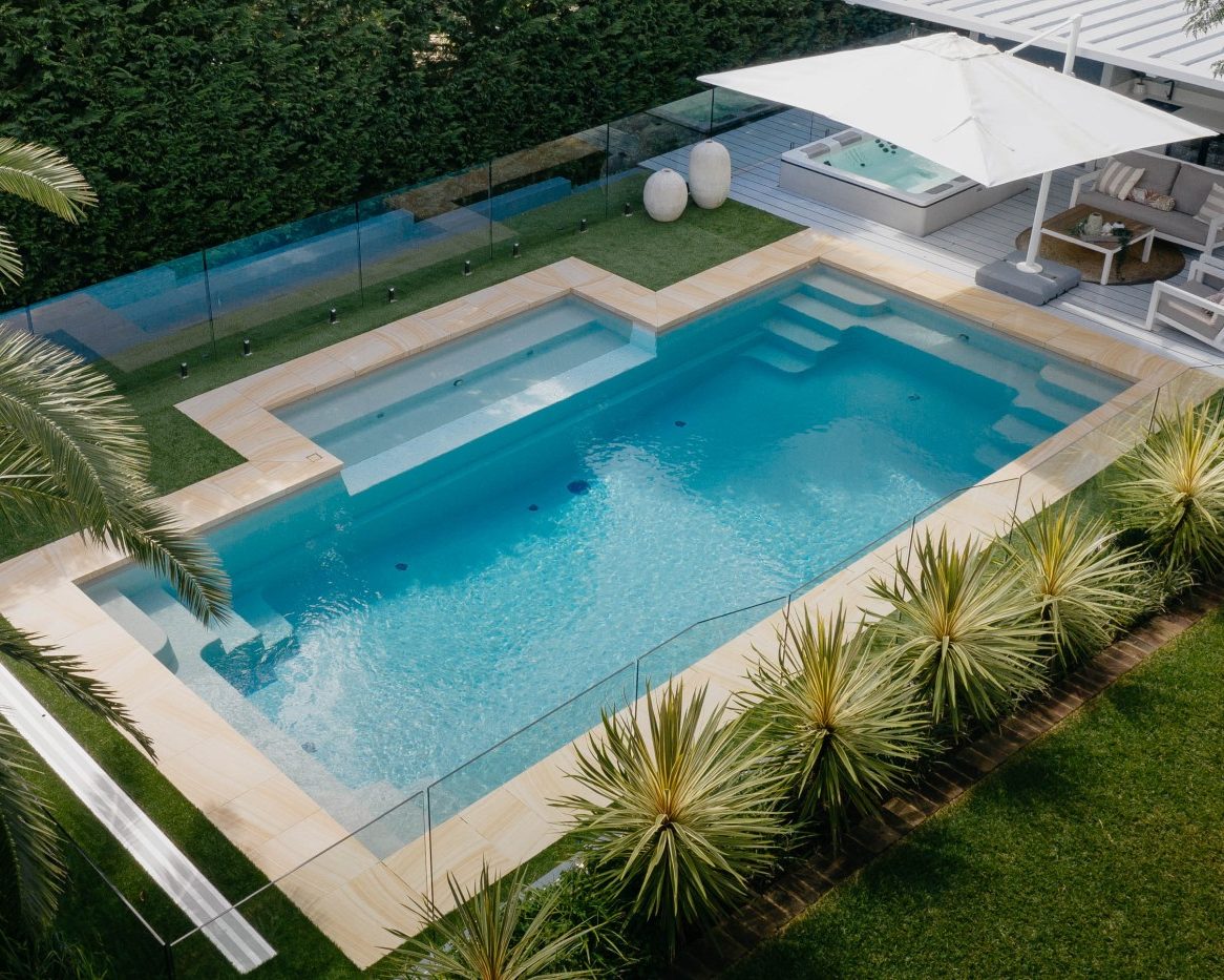 Inground Pools Compass Pools Contemporary fibreglass pool 9.5m in Quartz Bi luminite colour